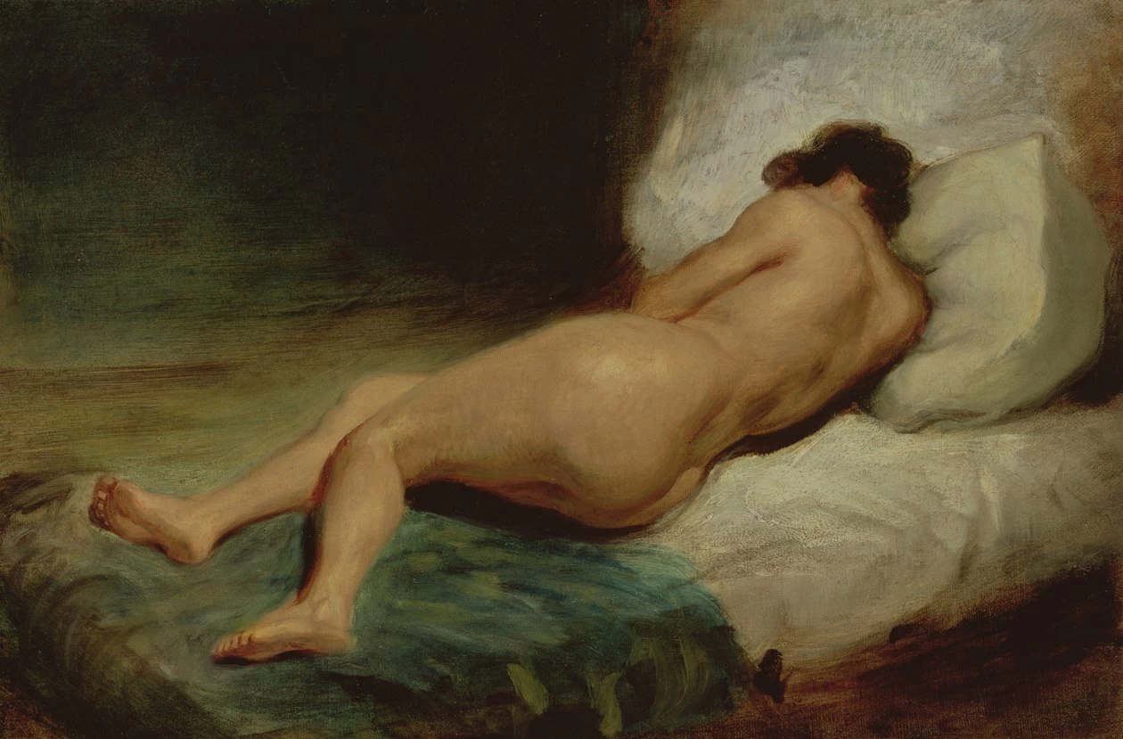 Donna nuda sdraiata vista posteriore